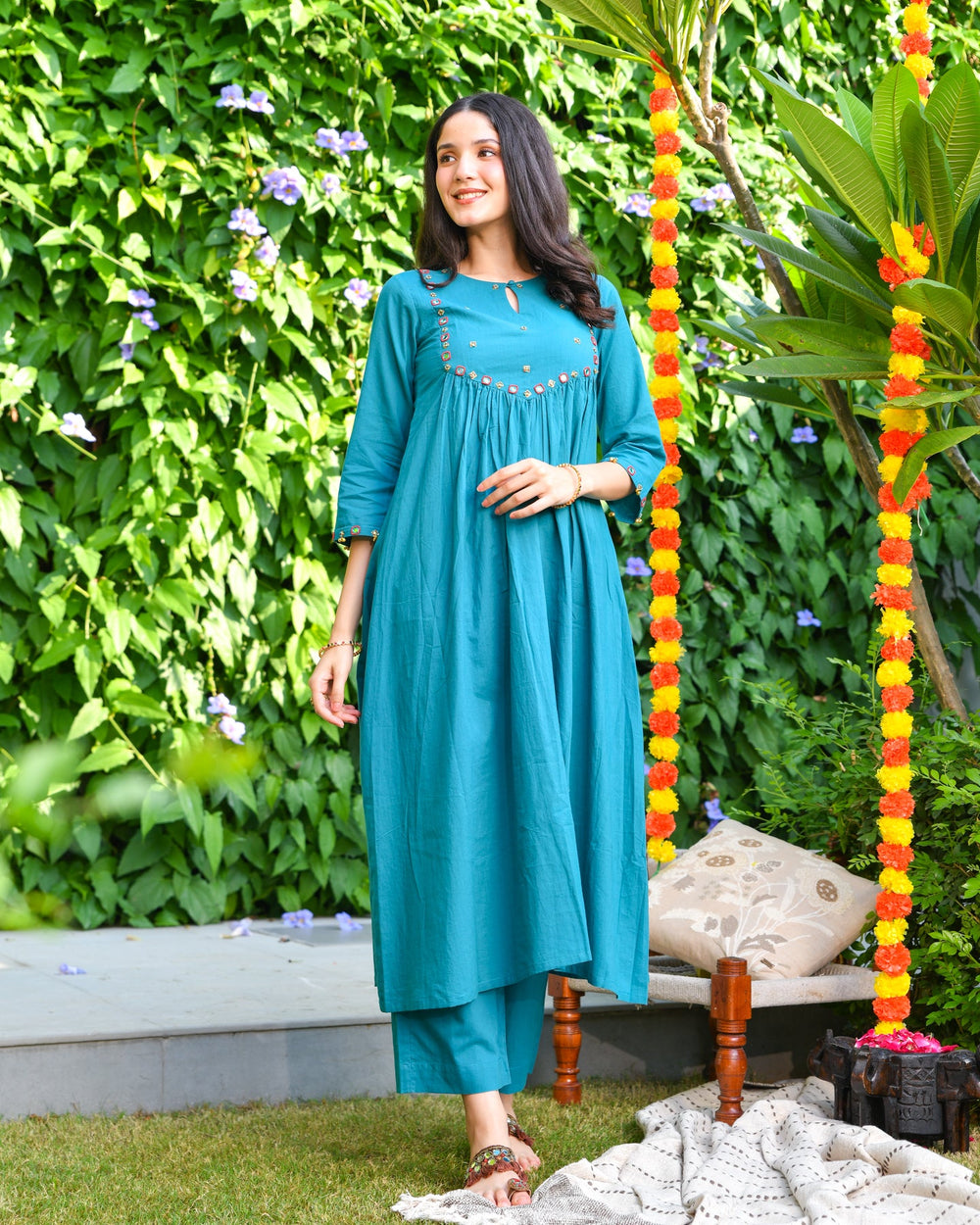 Sea Green Mirror Work Kurta Set