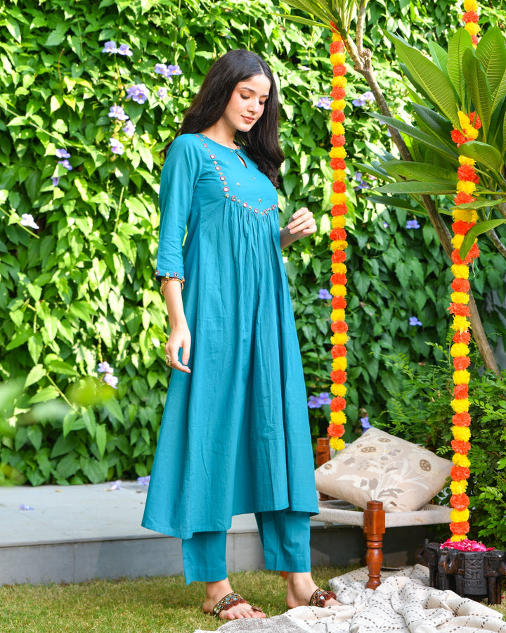 Sea Green Mirror Work Kurta Set