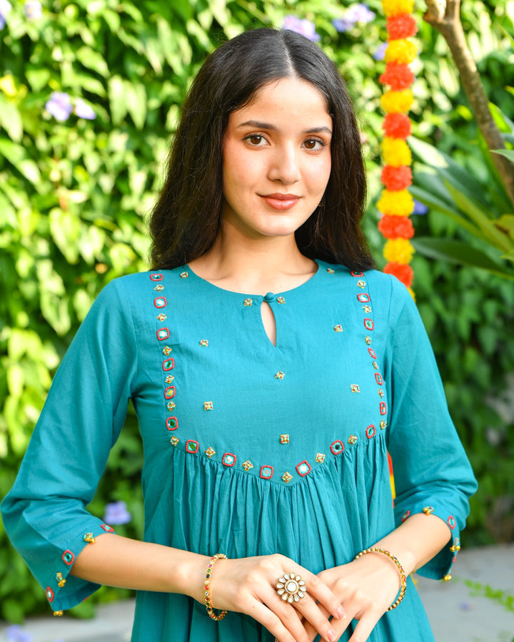 Sea Green Mirror Work Kurta Set