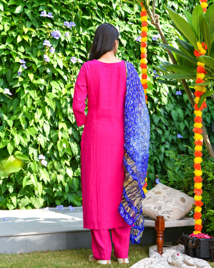 Pink Embroidered Straight Suit Set