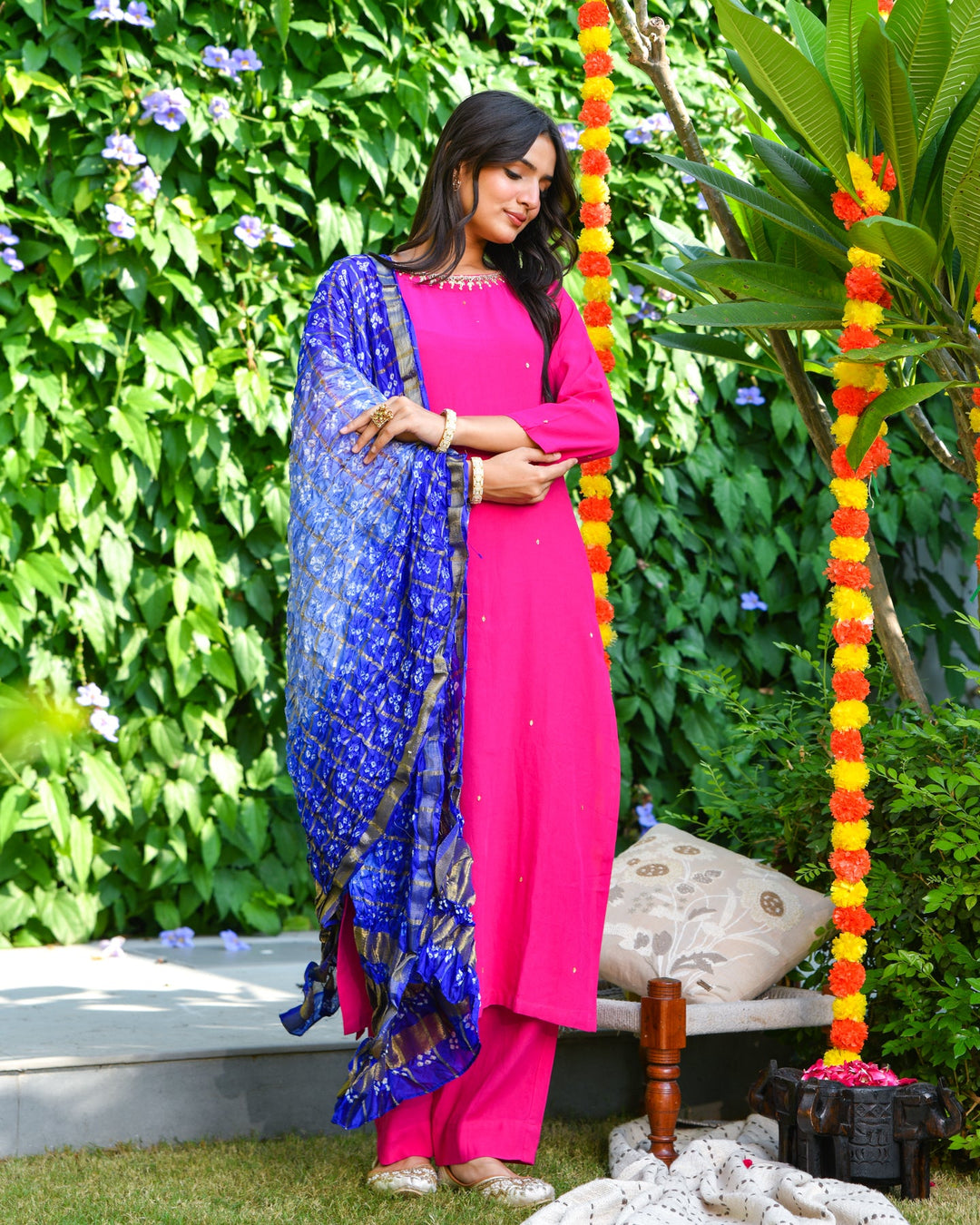 Pink Embroidered Straight Suit Set