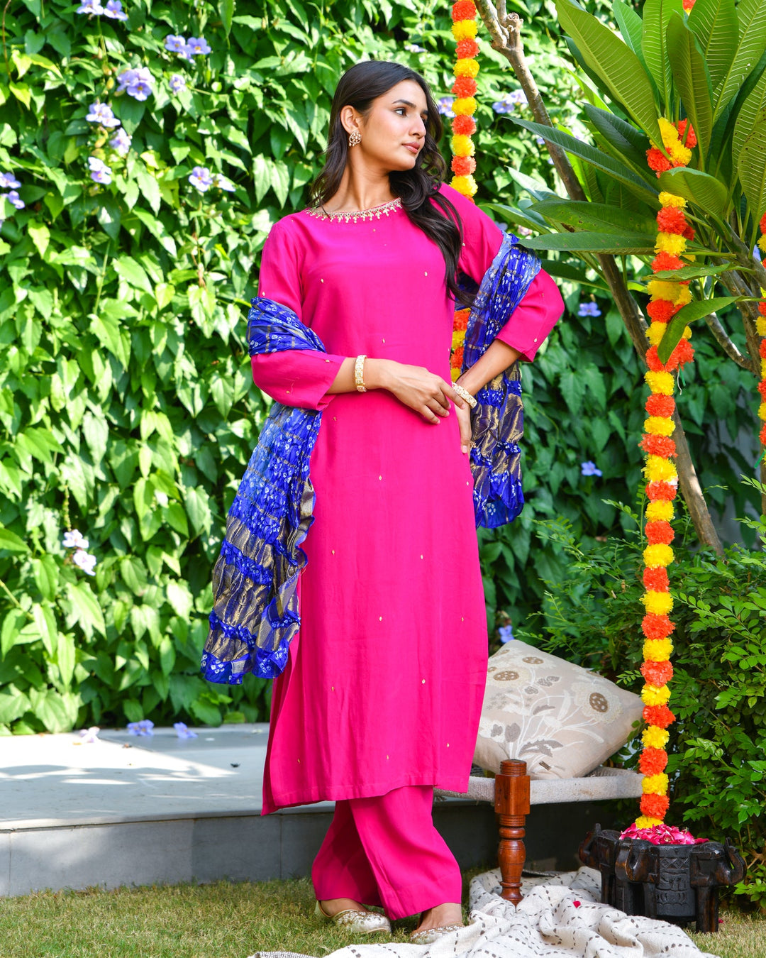 Pink Embroidered Straight Suit Set