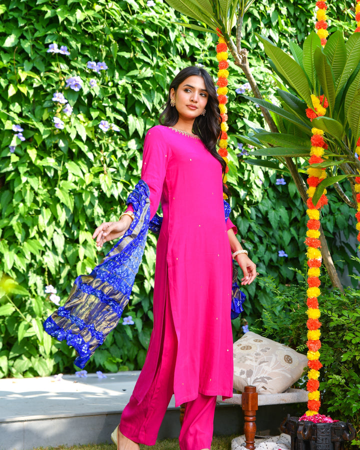 Pink Embroidered Straight Suit Set