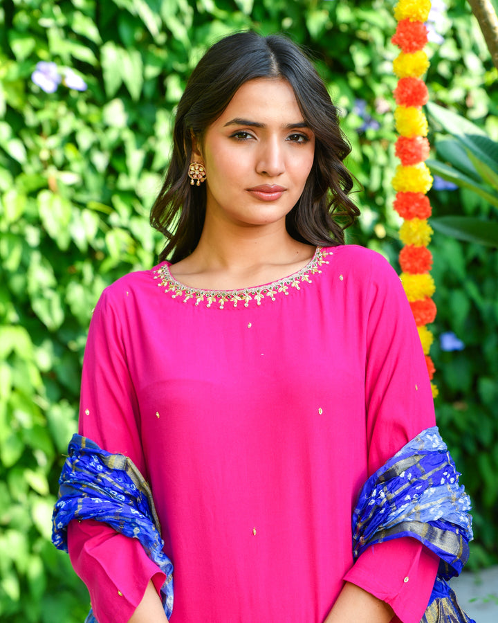 Pink Embroidered Straight Suit Set