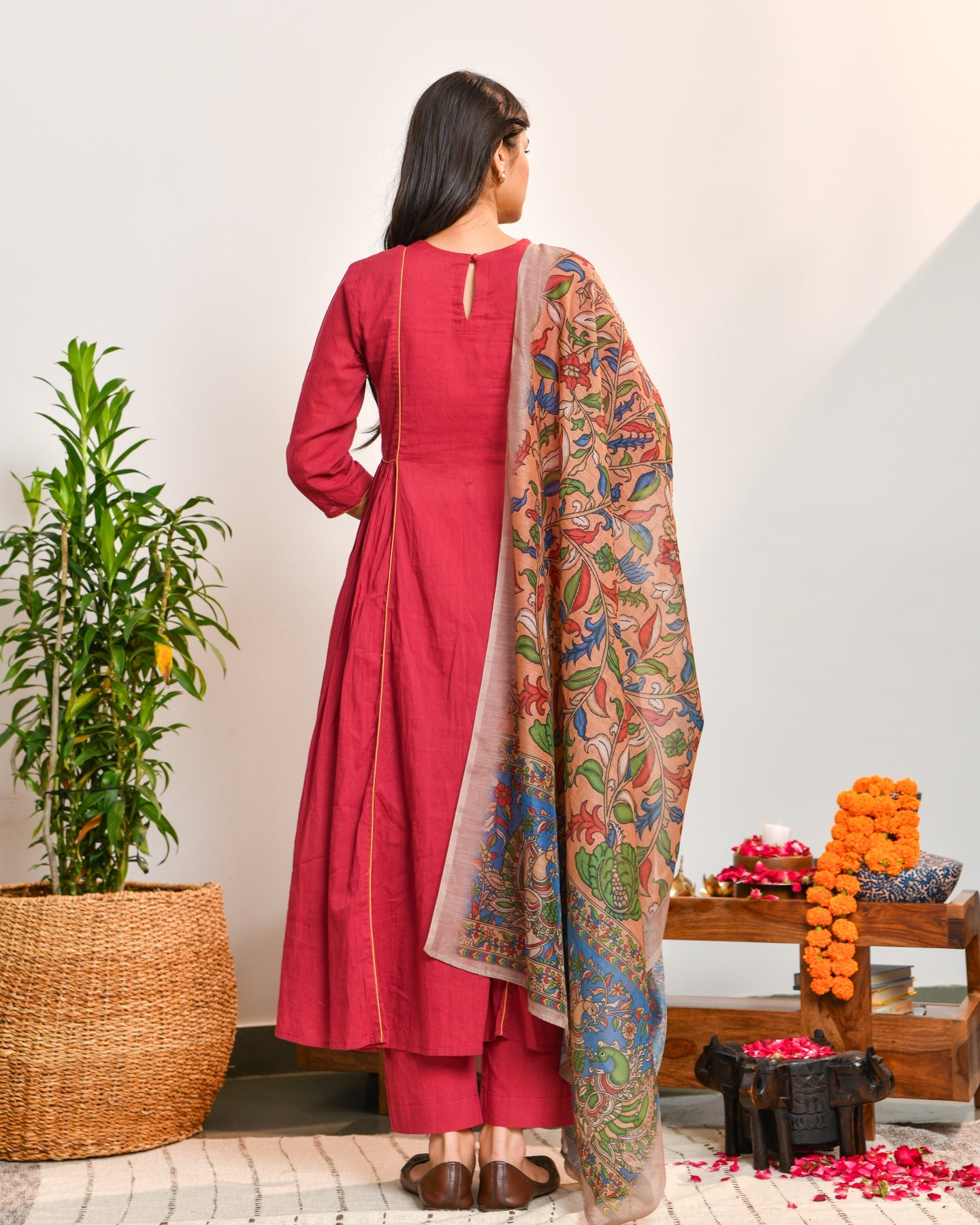 Red cotton A-line Suit Set