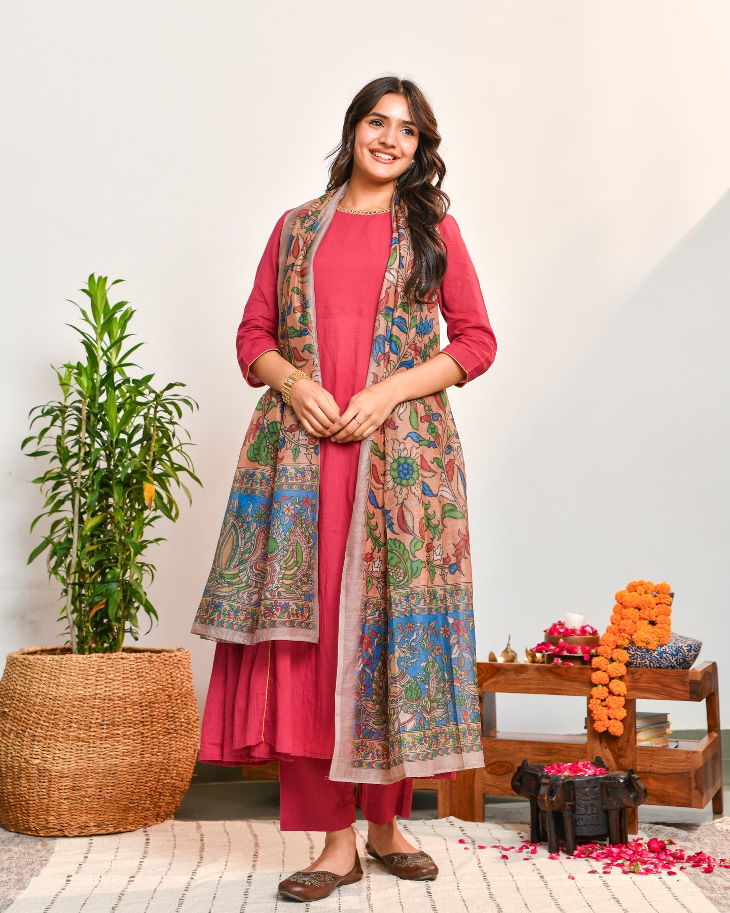 Red cotton A-line Suit Set