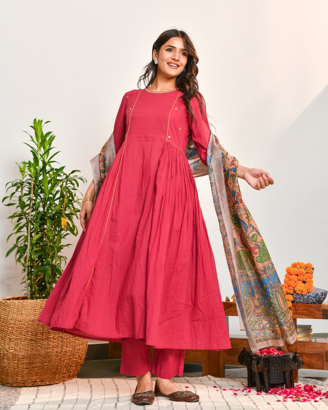 Red cotton A-line Suit Set