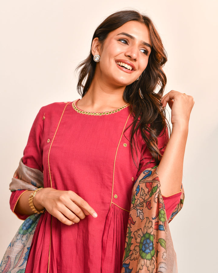 Red cotton A-line Suit Set