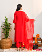 Red Embroidered Straight Suit Set