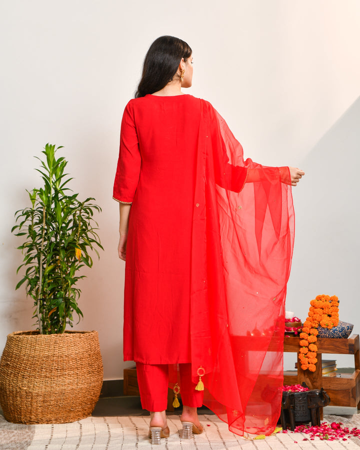 Red Embroidered Straight Suit Set
