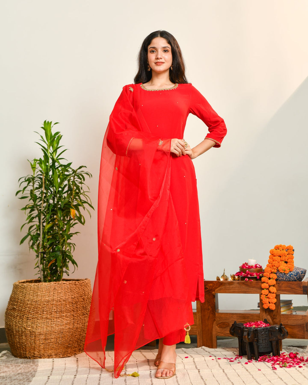 Red Embroidered Straight Suit Set