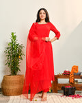 Red Embroidered Straight Suit Set