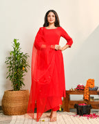 Red Embroidered Straight Suit Set