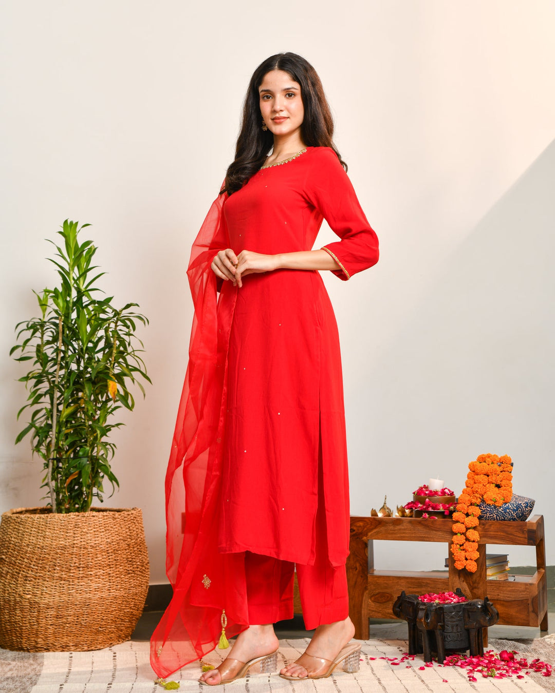 Red Embroidered Straight Suit Set