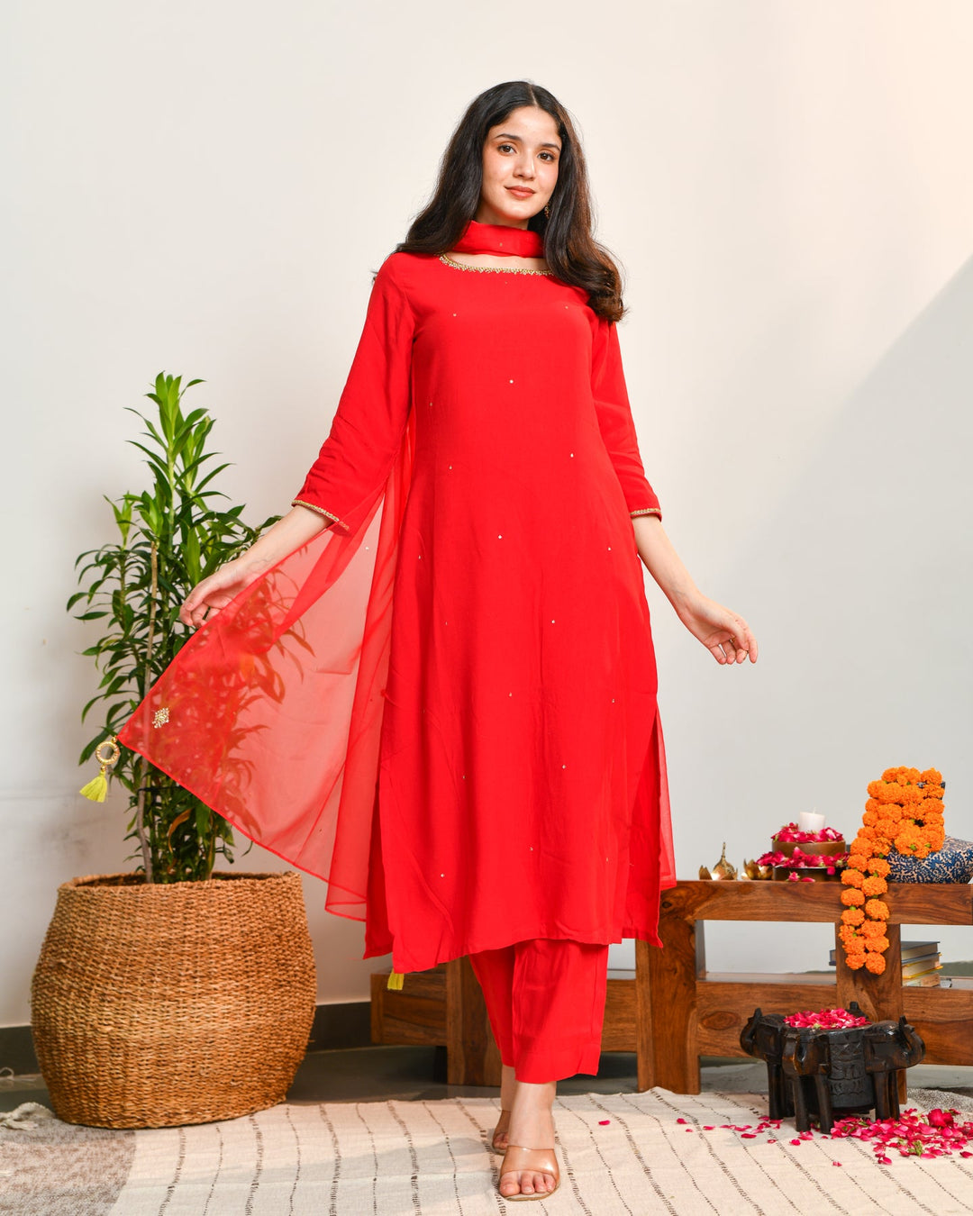 Red Embroidered Straight Suit Set