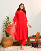 Red Embroidered Straight Suit Set