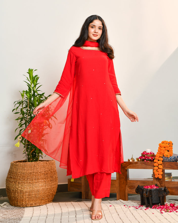 Red Embroidered Straight Suit Set