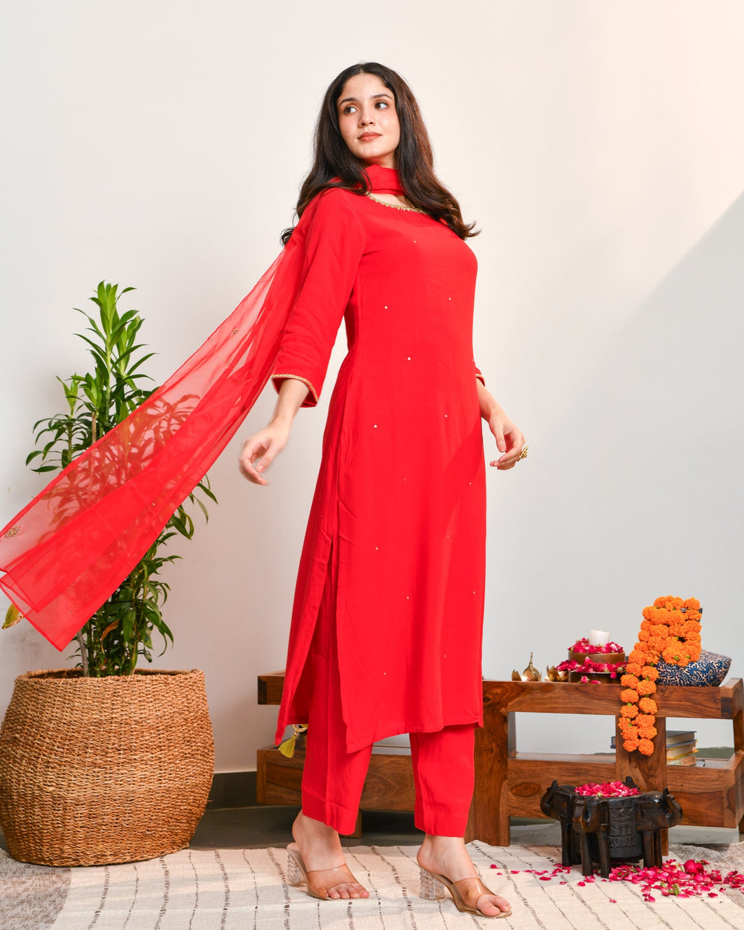 Red Embroidered Straight Suit Set