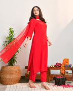 Red Embroidered Straight Suit Set