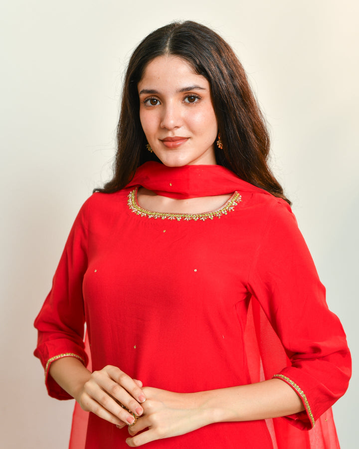 Red Embroidered Straight Suit Set