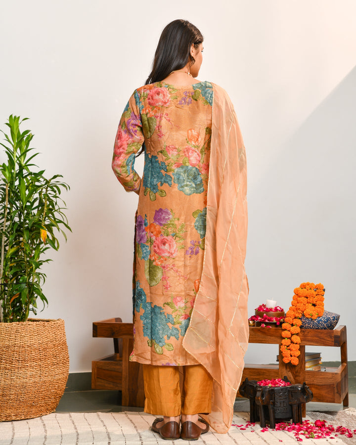 Beige Floral Print Mirror Work Suit