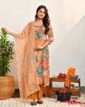 Beige Floral Print Mirror Work Suit