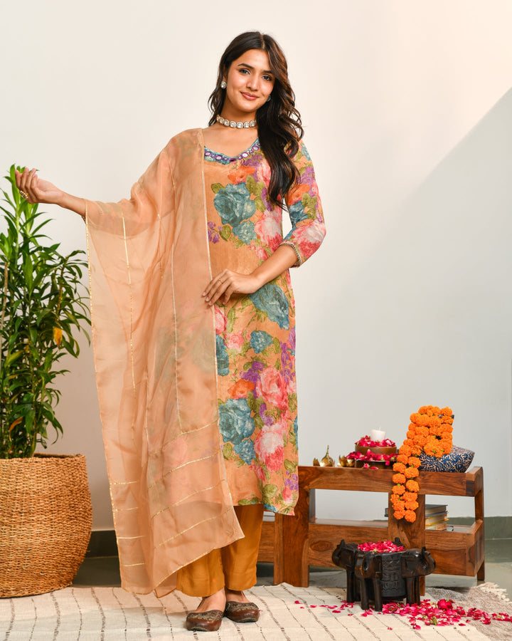 Beige Floral Print Mirror Work Suit