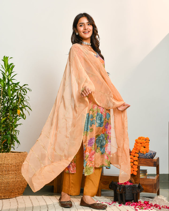 Beige Floral Print Mirror Work Suit
