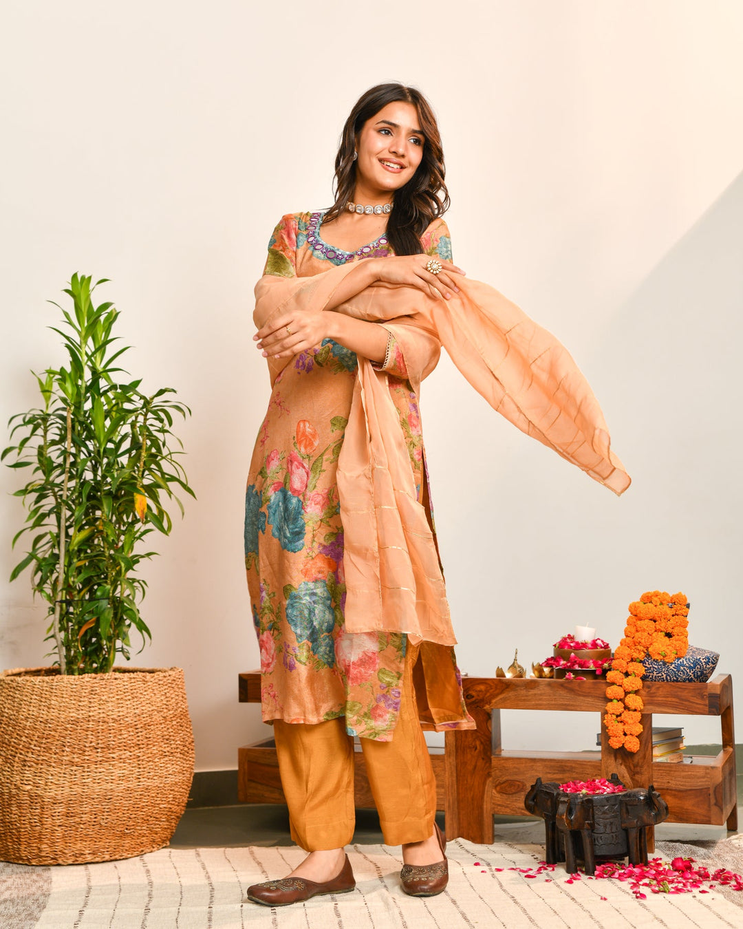 Beige Floral Print Mirror Work Suit
