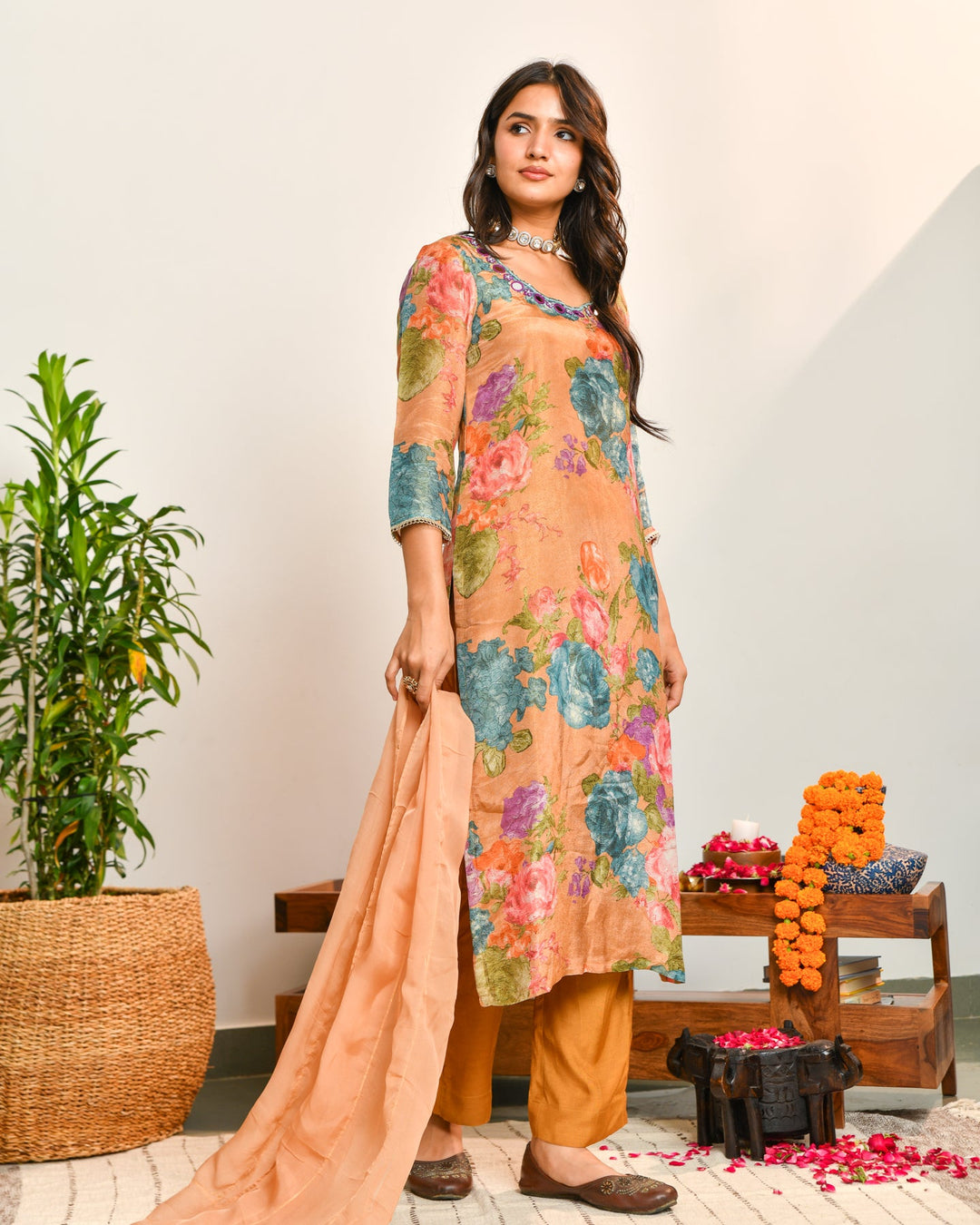 Beige Floral Print Mirror Work Suit