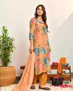 Beige Floral Print Mirror Work Suit