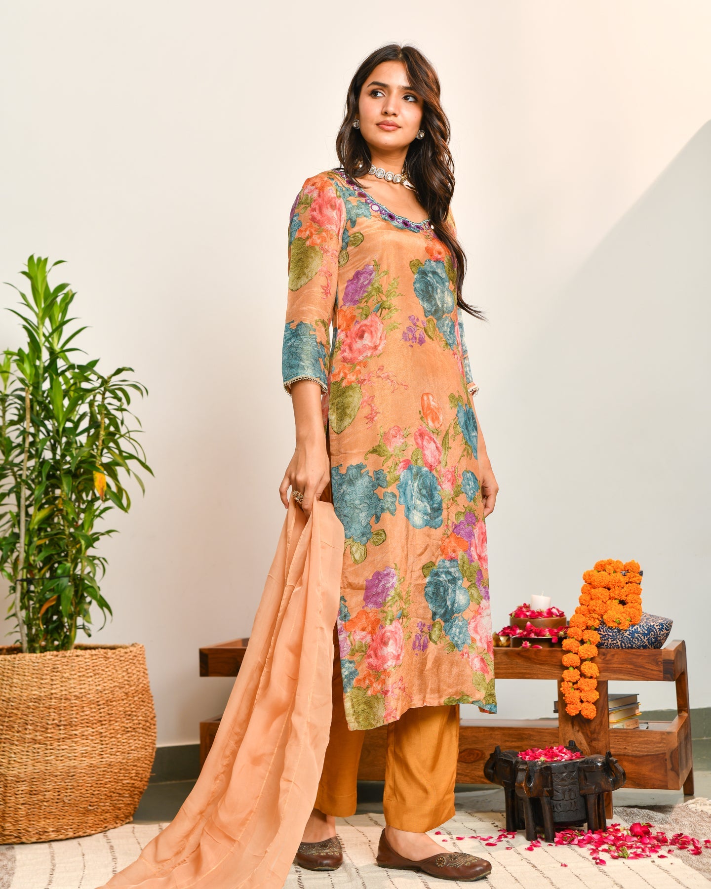 Beige Floral Print Mirror Work Suit