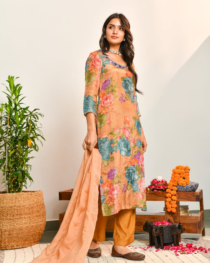 Beige Floral Print Mirror Work Suit
