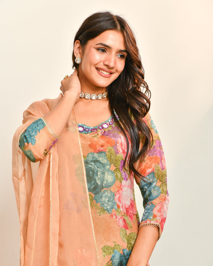 Beige Floral Print Mirror Work Suit