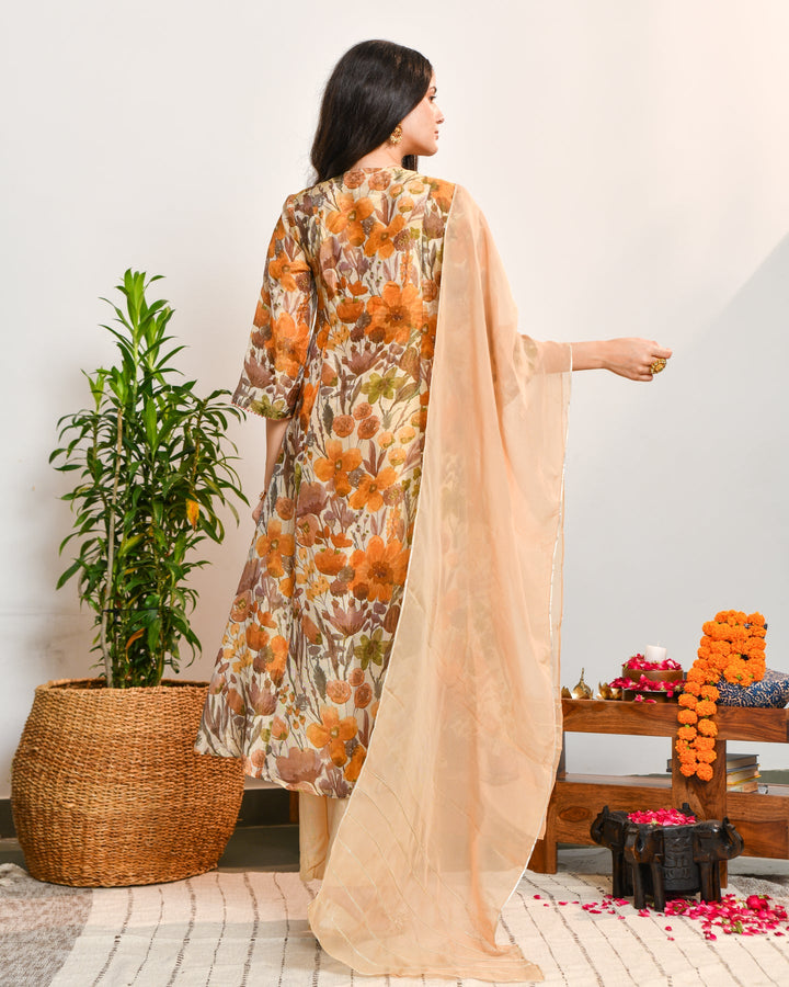 Beige Floral Tissue Suit Set