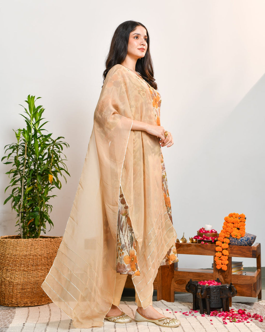 Beige Floral Tissue Suit Set