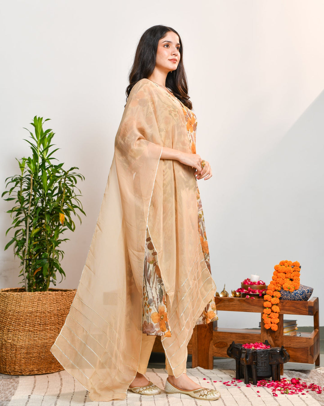 Beige Floral Tissue Suit Set