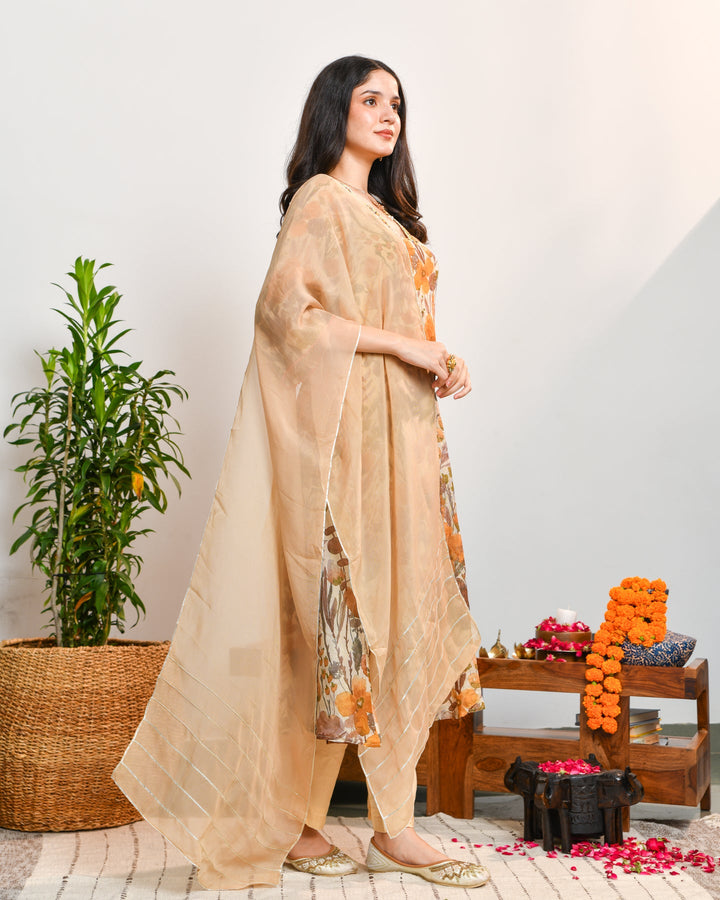 Beige Floral Tissue Suit Set