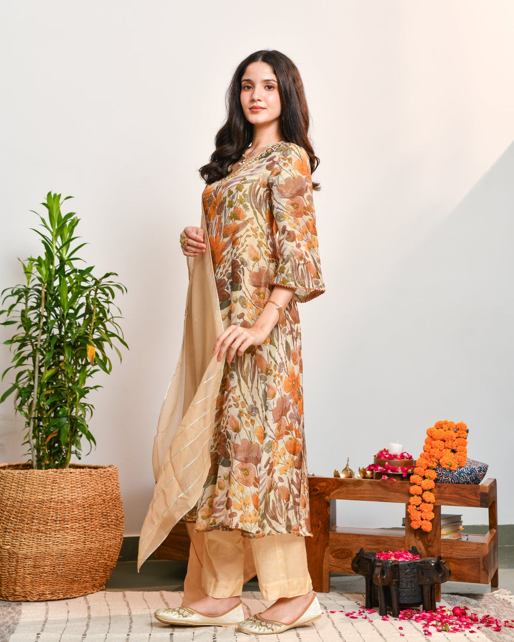 Beige Floral Tissue Suit Set
