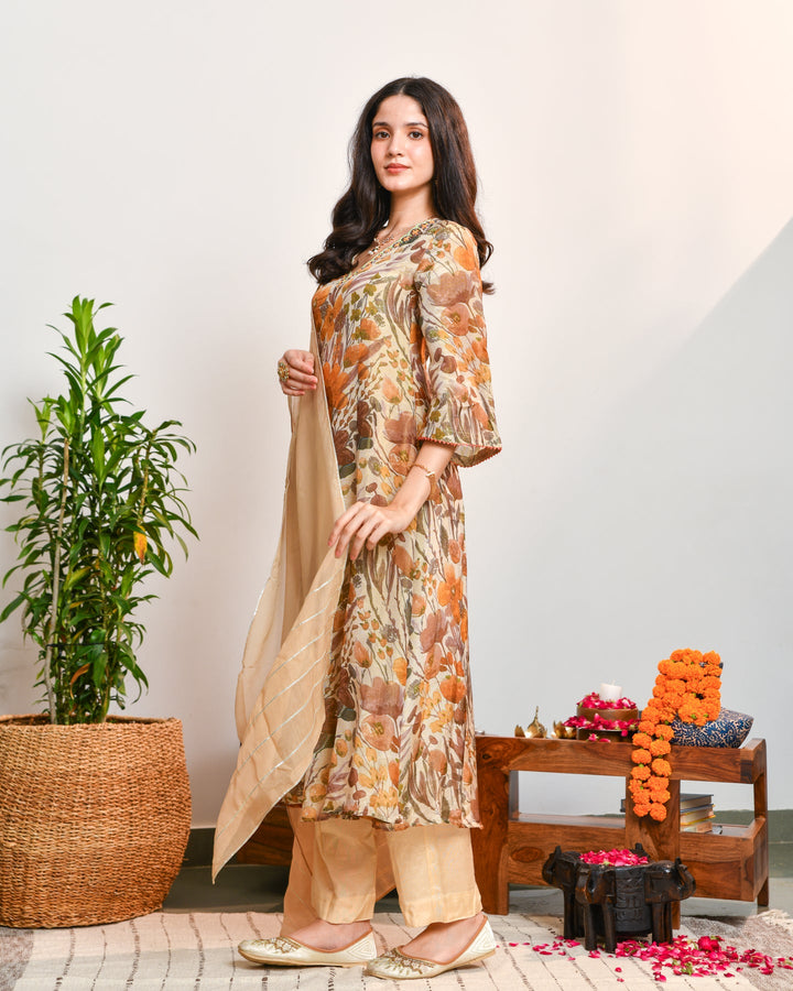 Beige Floral Tissue Suit Set