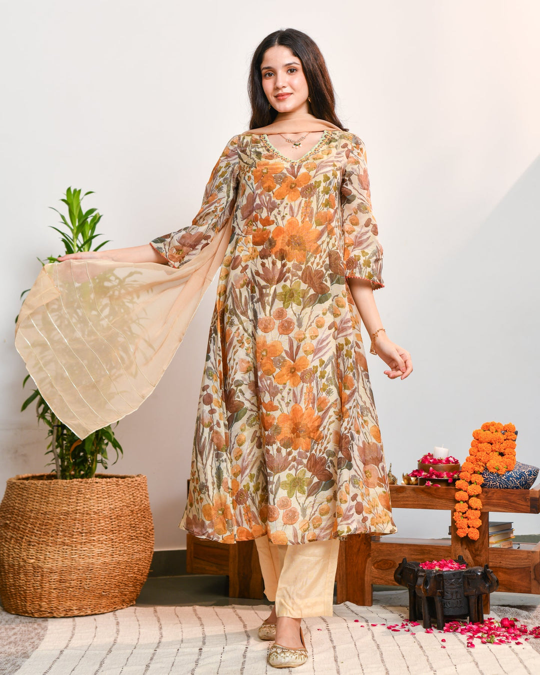 Beige Floral Tissue Suit Set