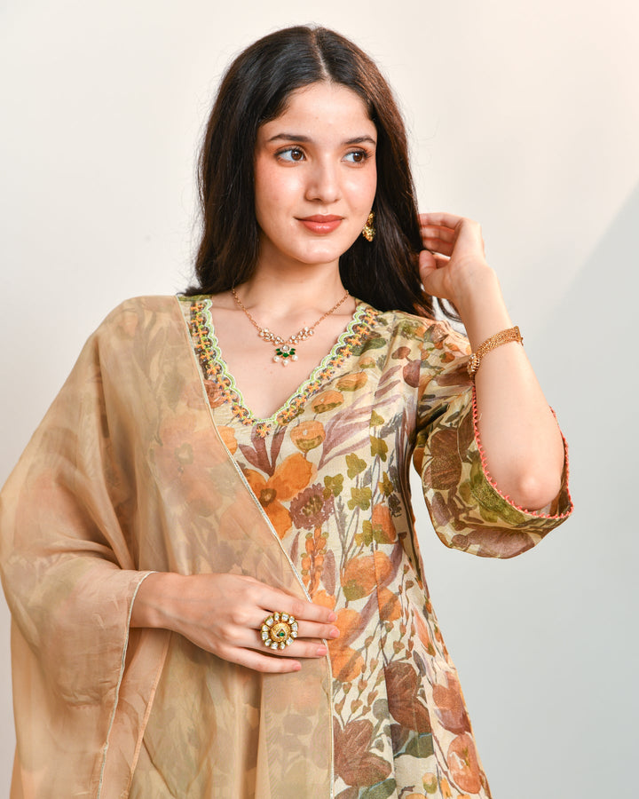 Beige Floral Tissue Suit Set