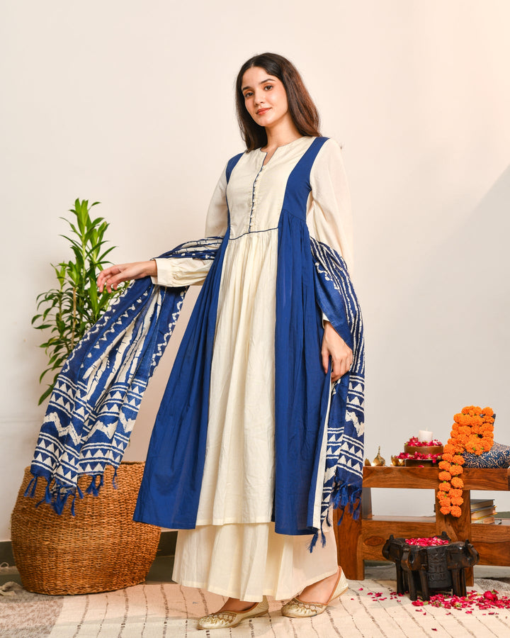 Ivory Blue Color Block Suit Set