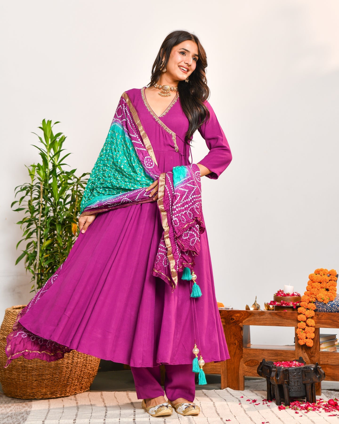 Purple Rayon Anarkali Suit Set