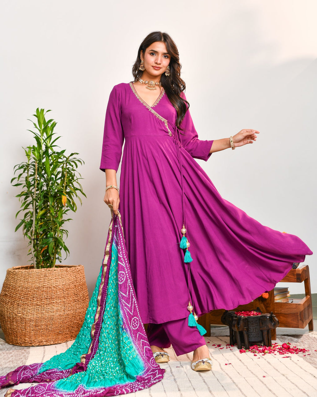 Purple Rayon Anarkali Suit Set