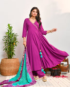 Purple Rayon Anarkali Suit Set