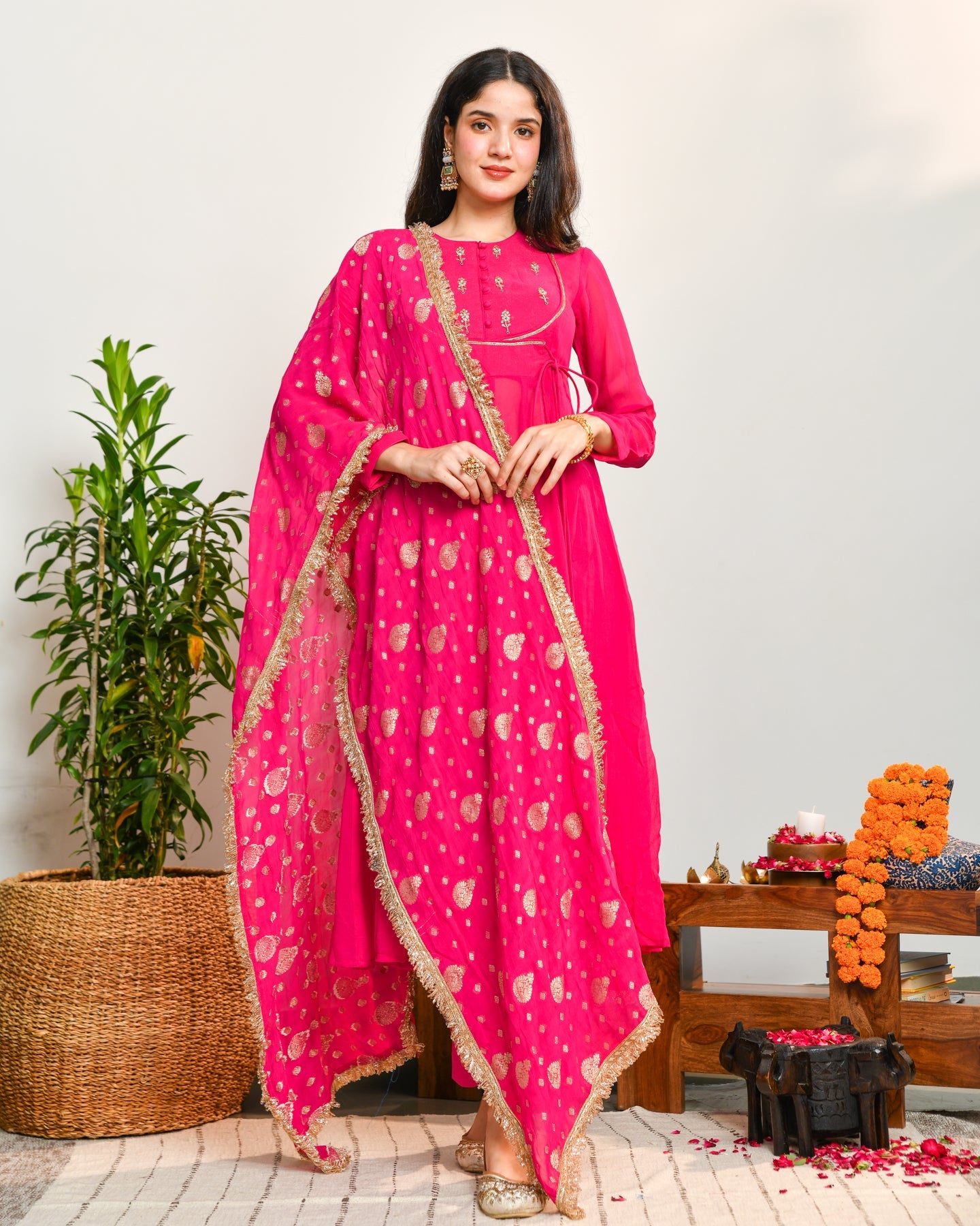Pink Viscose Embroidered Suit Set