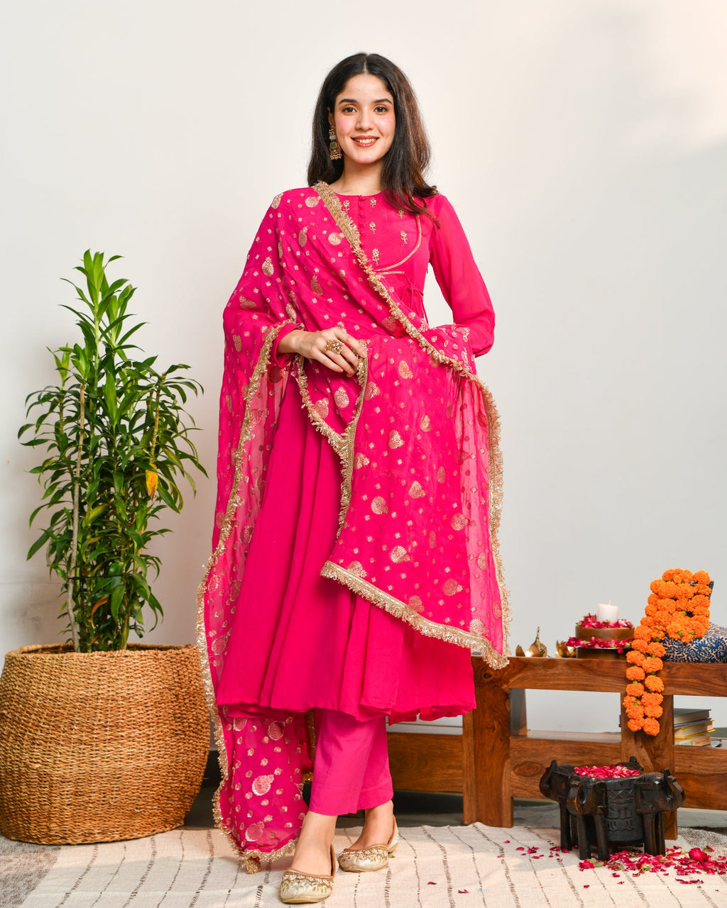 Pink Viscose Embroidered Suit Set