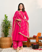 Pink Viscose Embroidered Suit Set