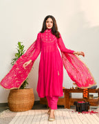 Pink Viscose Embroidered Suit Set
